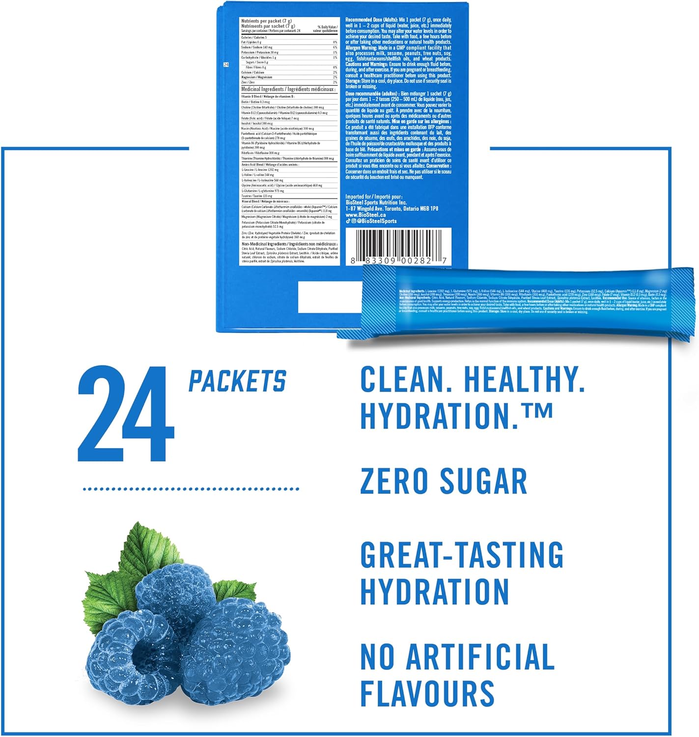 BioSteel Hydration Mix, Proudly Canadian - Great Tasting Hydration with Zero Sugar, and No Artificial Flavours or Preservatives, Blue Raspberry Flavour, 24 Single Serving Packets