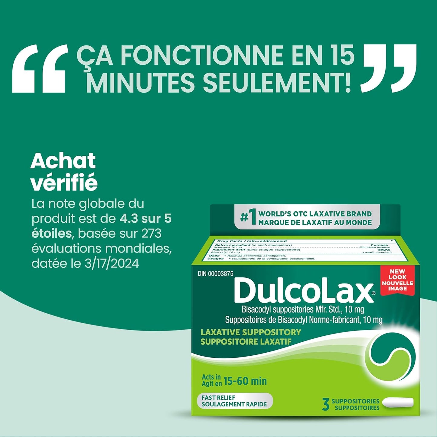 Dulcolax 比沙可啶泻药栓,10 毫克泻药,用于缓解偶发性便秘,15-60 分钟内起效,适用于成人和 12 岁以上儿童以及哺乳期妇女,缓解便秘,3 粒装