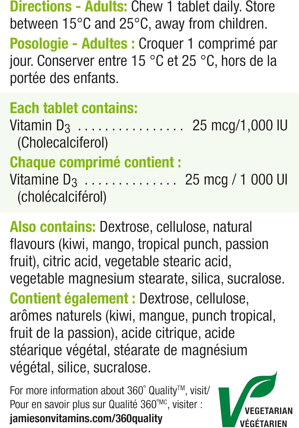 Jamieson 咀嚼维生素 D3 1000 国际单位,热带水果口味,支持免疫健康,强健骨骼和牙齿。素食,非转基因,无麸质,无人工香料和色素,100 粒,加拿大制造