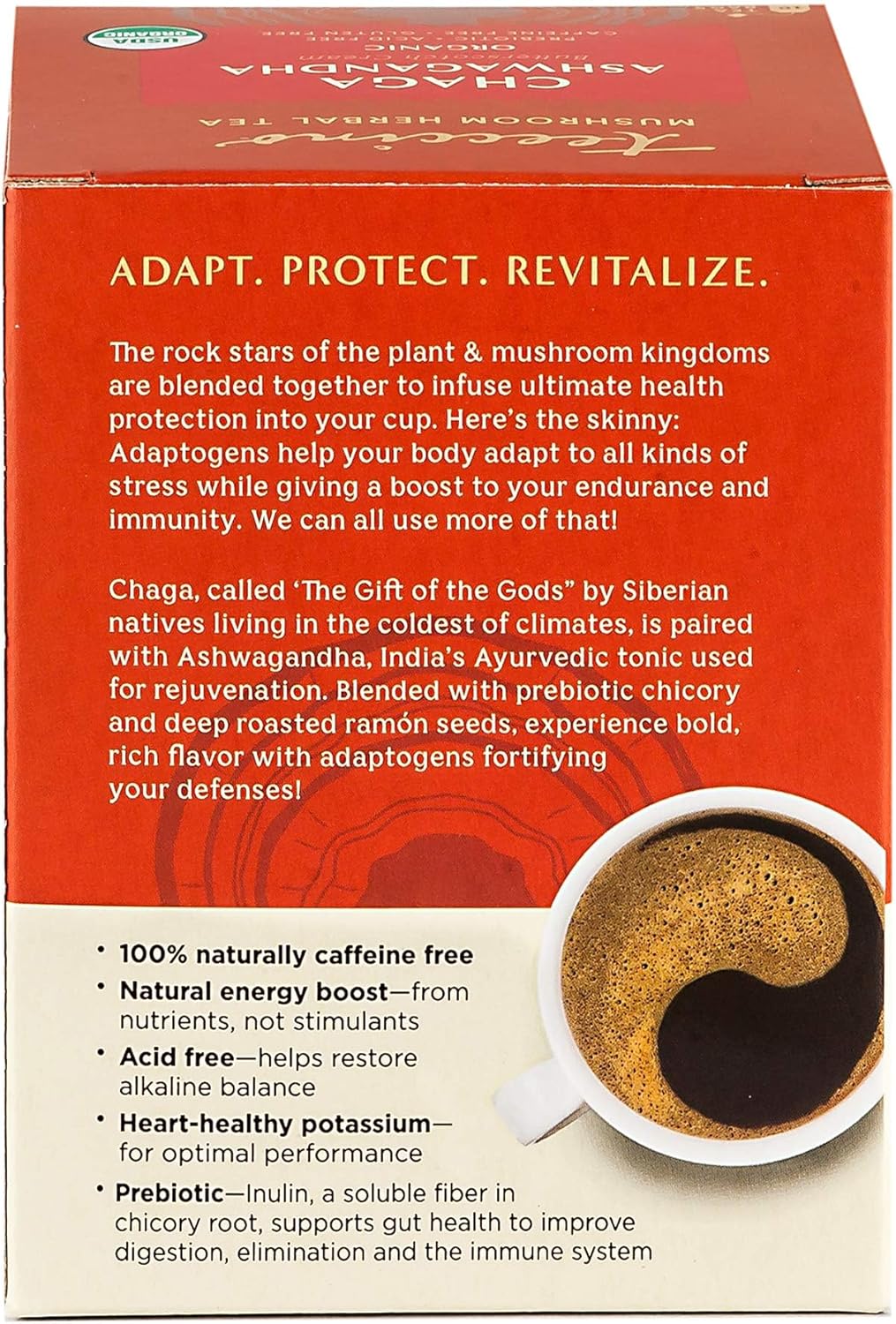 Teeccino 蘑菇适应原茶 - 白桦茸南非醉茄法式烘焙草本茶,采用野生白桦茸和阿育吠陀南非醉茄根,增强免疫力,10 个茶包