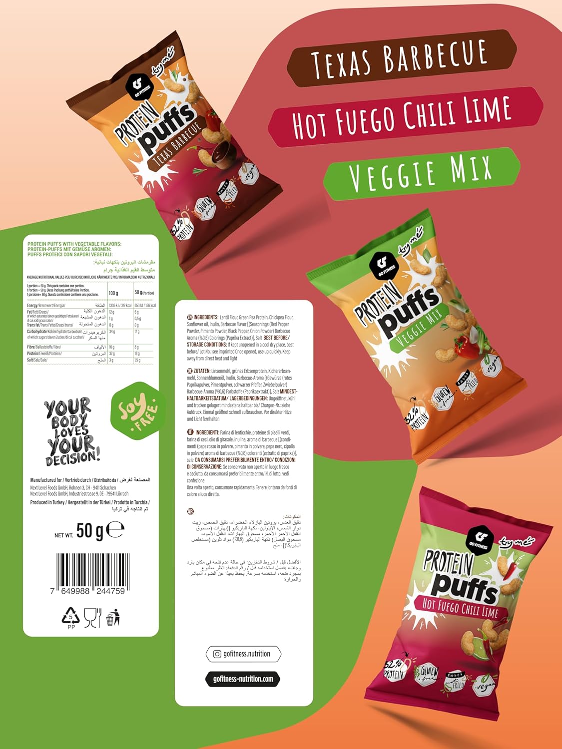 GoFitness Nutrition Protein Puffs — Veggie Mix, 6x50g Box — Crunchy High-Protein Snack for Muscle Support, Low Sugar & Keto-Friendly