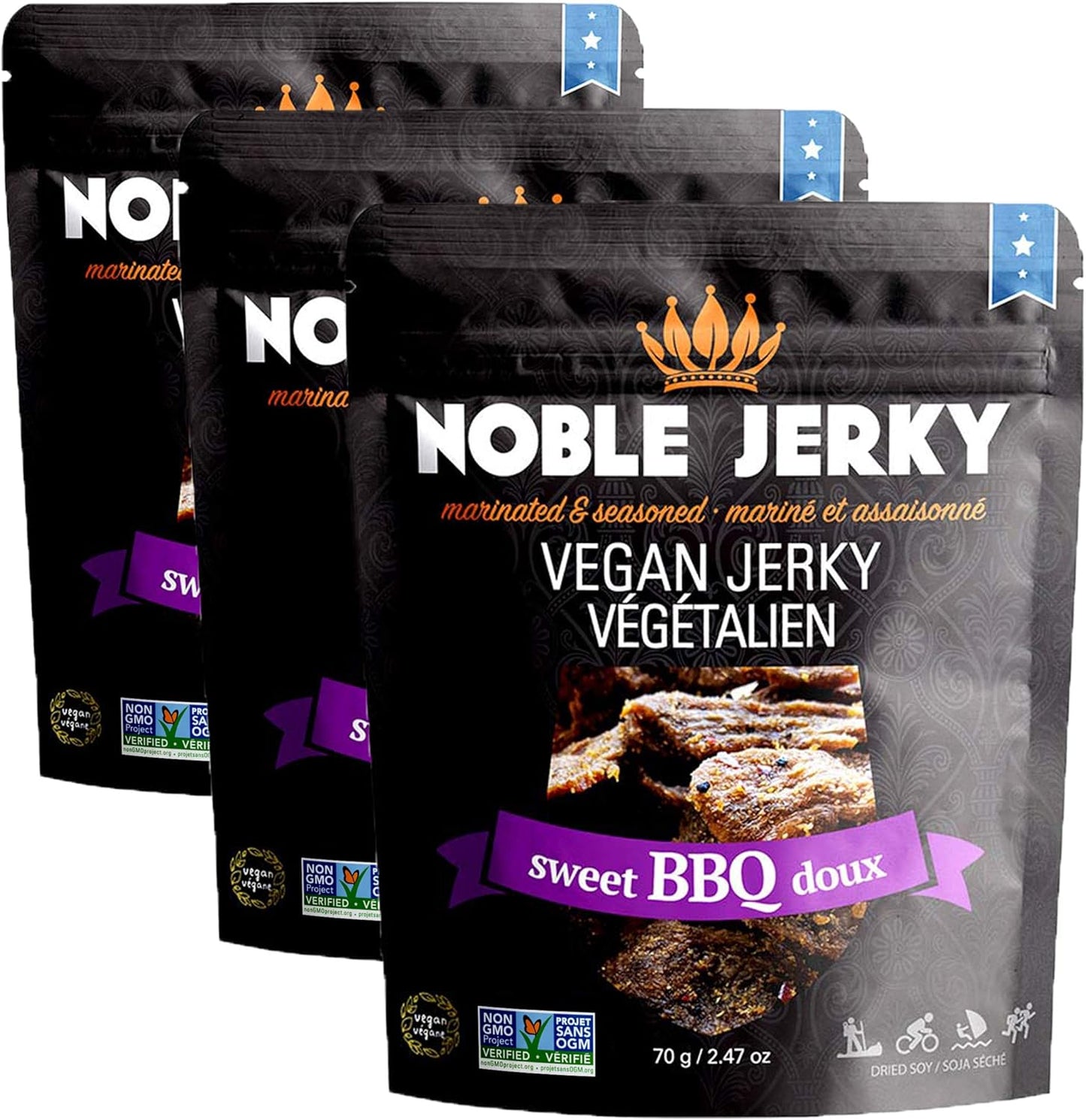 Noble Jerky 素食肉乾燒烤口味 - 14克植物蛋白,非基因,無人工添加劑,高蛋白零食,3包(70克/袋)