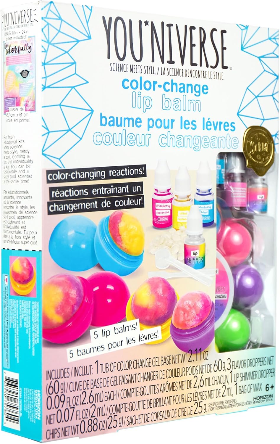 YOUniverse Color Change Lip Balm, Make 5 Lip Balms with 3 Fun Flavors, Make Your Lip Gloss Set for Teens, Fun DIY Makeup Kit, Great Gift Set for Kids Ages 6 and Up, STEAM Craft Kits