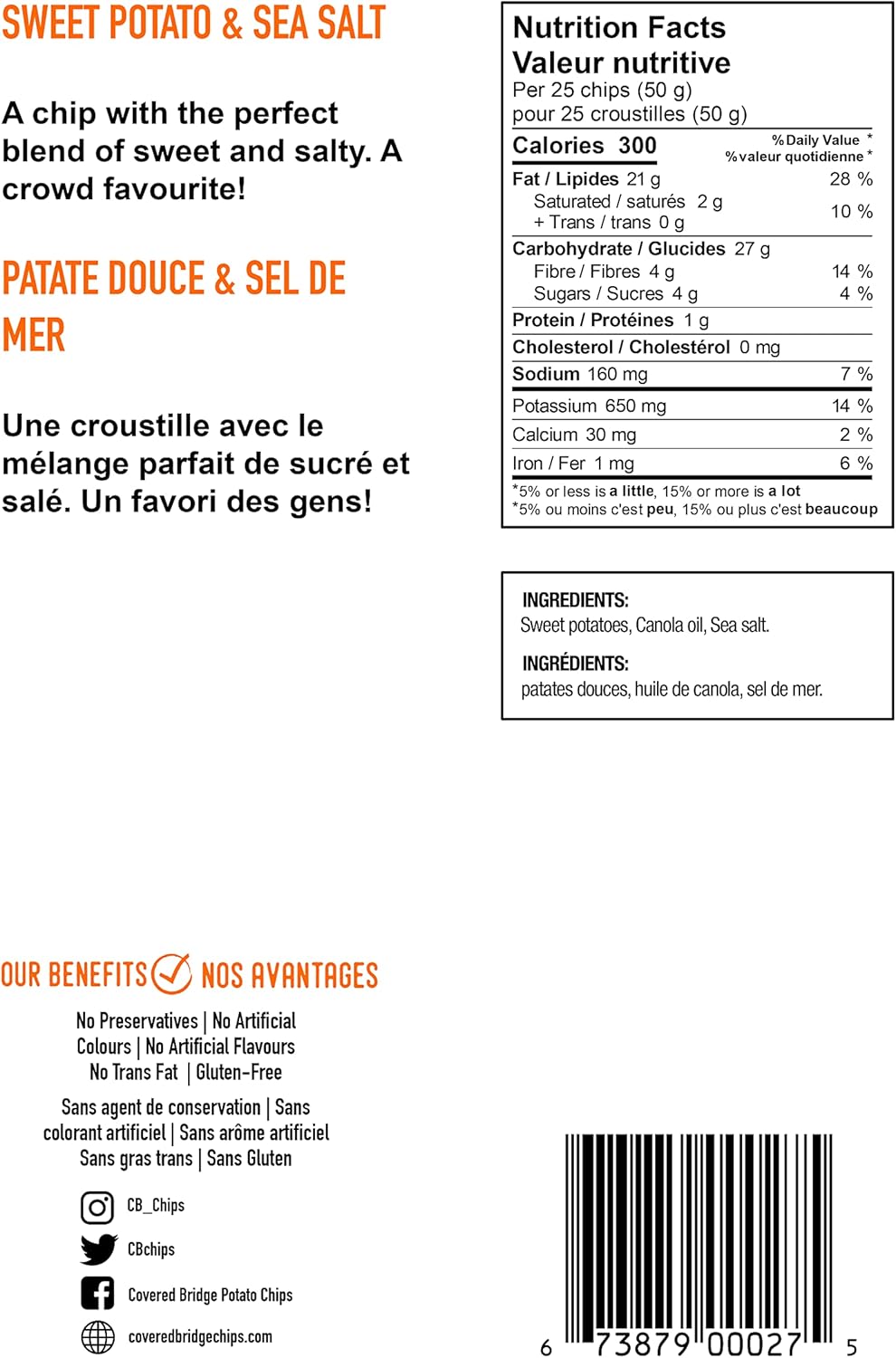 Covered Bridge Chips 薯片 - 红薯和海盐薯片 - 无麸质,犹太洁食认证,红薯水壶烹制,加拿大制造,12 片装,每袋 142 克