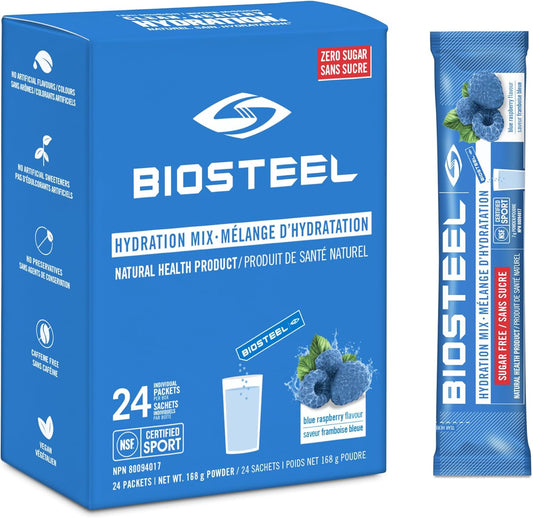 BioSteel Hydration Mix, Proudly Canadian - Great Tasting Hydration with Zero Sugar, and No Artificial Flavours or Preservatives, Blue Raspberry Flavour, 24 Single Serving Packets