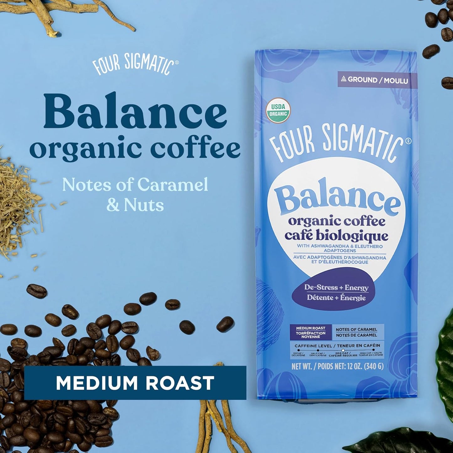 Four Sigmatic 有機平衡適應原研磨咖啡 | 中度烘焙 USDA 有機咖啡,含南非醉茄、白樺茸、刺五加和聖羅勒 | 提升專注力和能量的咖啡 | 12 盎司/袋