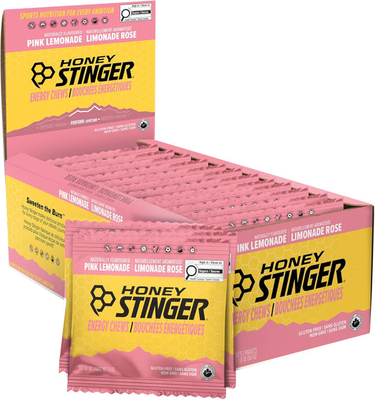Honey Stinger Organic Pink Lemonade Energy Chew | Gluten Free & Caffeine Free | For Exercise, Running and Performance | Sports Nutrition for Home & Gym, Pre and Mid Workout | 12 Pack, 50g