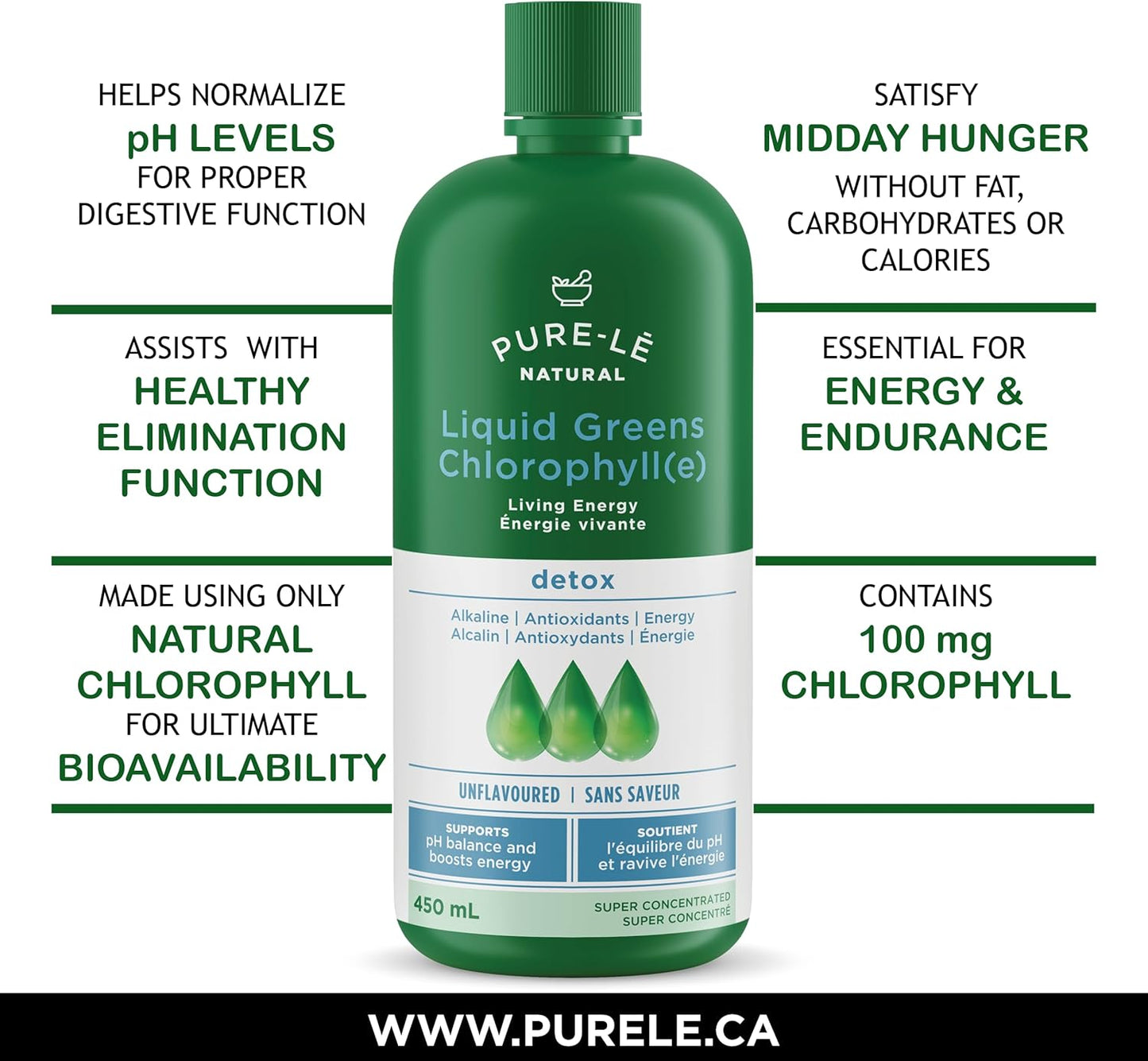 Pure-lē Natural Chlorophyll Liquid Greens | Organic (COR Certified), Gluten-Free, Vegan | Unflavored (450 mL) – Natural Body Deodorant, Alkalizing & Antioxidant Support