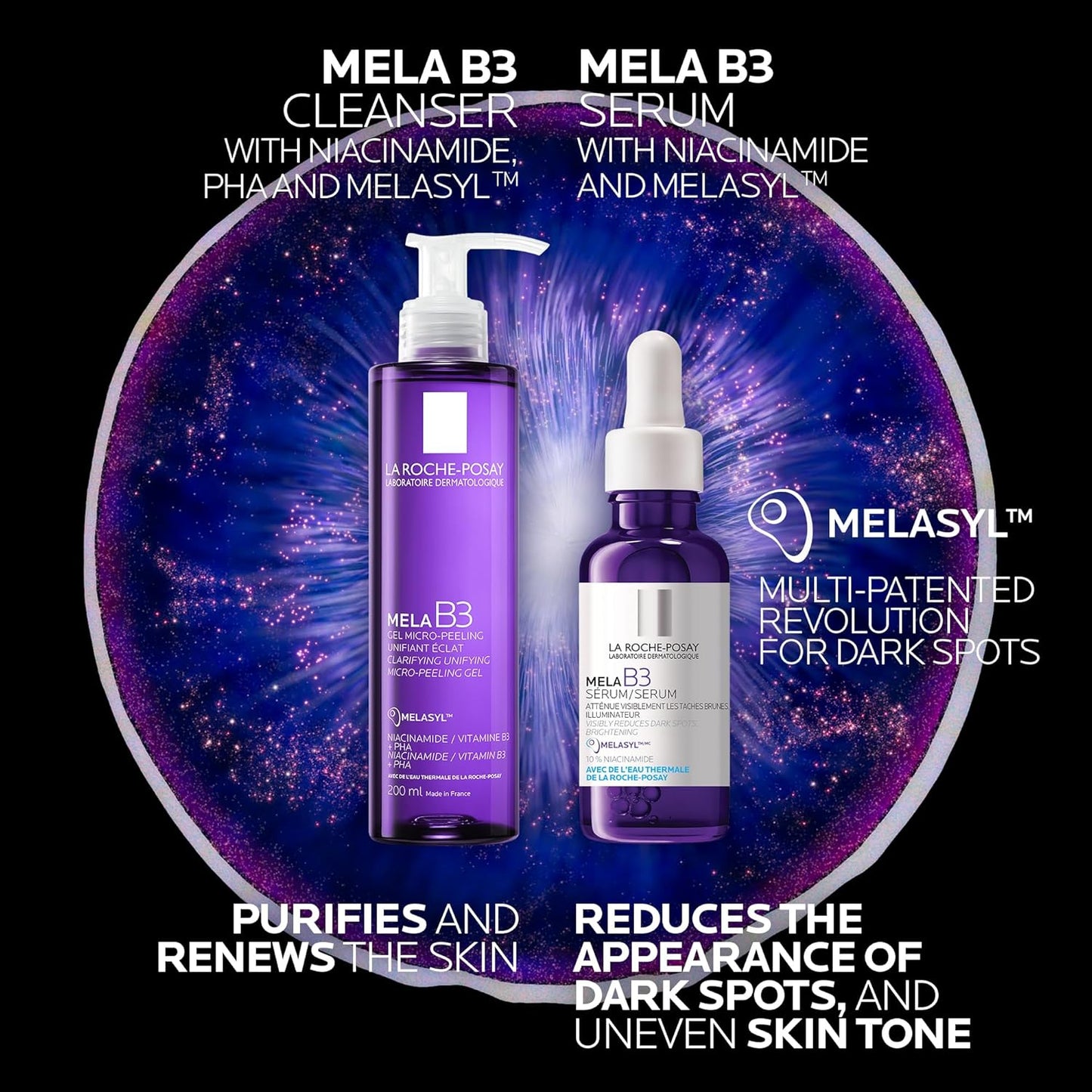 理膚泉 Mela B3 潔面乳、Mela B3 臉部精華及套裝、抗老微剝脫潔面乳和 Mela B3 精華(含菸鹼醯胺和 Melasyl),皮膚科醫師推薦,200 毫升