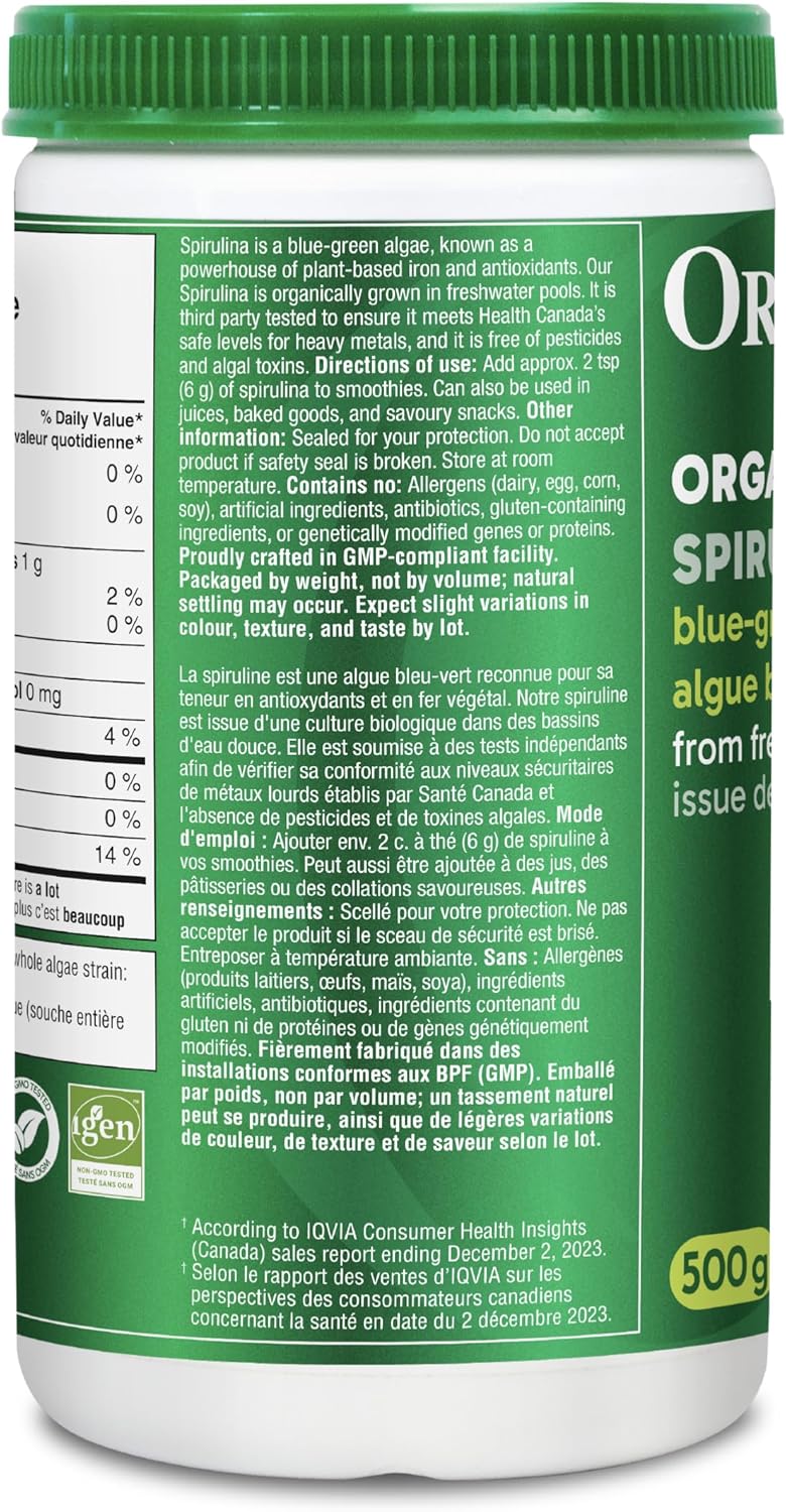 Organika Canadian-Made Certified Organic Spirulina Powder- Superfood, 3rd Party Tested, Pristine Sourcing, Vegan- 500g