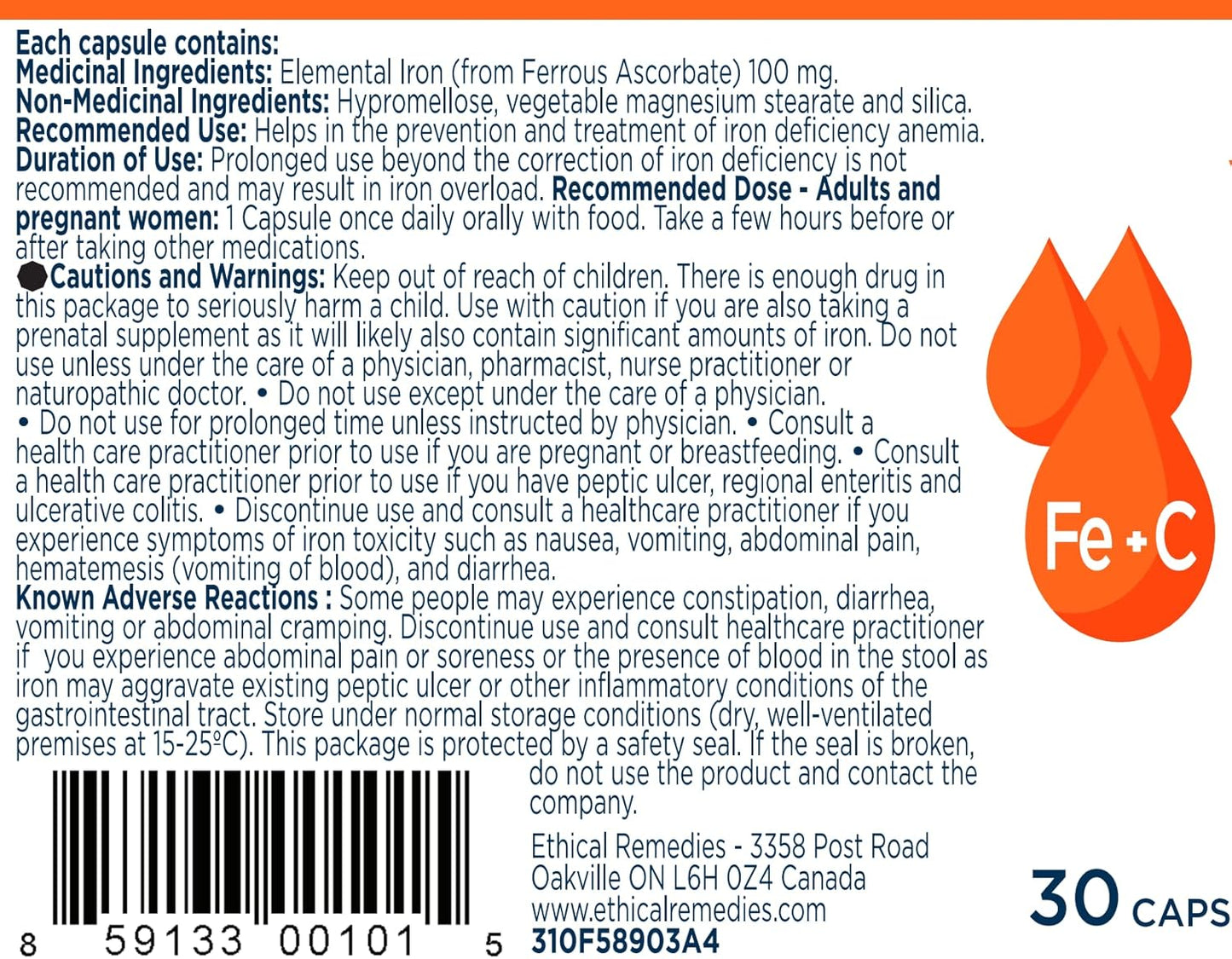 EBMfer 鐵劑,含維生素 C | 每日 1 粒 | 溫和 | 純素 | 提升能量 | 100 毫克高效能 | 30 粒膠囊