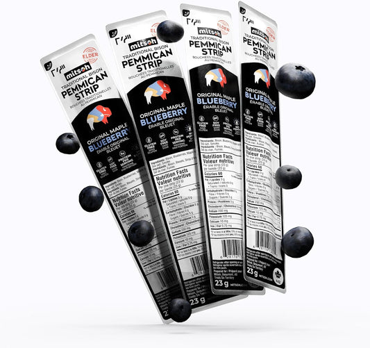 野牛蓝莓肉干零食 | 原住民超级食物 | 采用草饲野牛制成 | 加拿大原住民所有 | 高蛋白、无麸质、无大豆,4 包