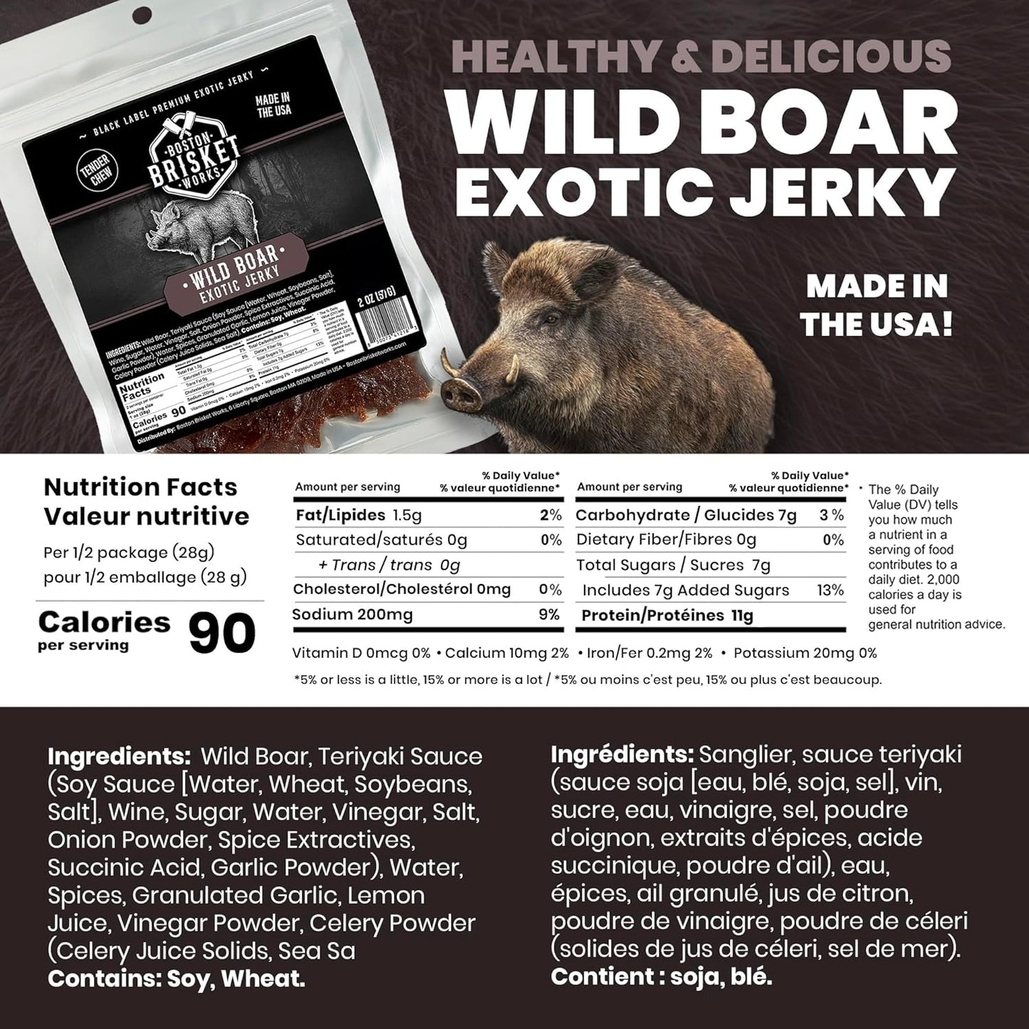 Wild Boar Jerky – 2 oz Bag – 100% Real Wild Boar Meat | Handcrafted in Small Batches | Vacuum Sealed | No Fillers, No MSG, No Nitrates | Made by a Small Business