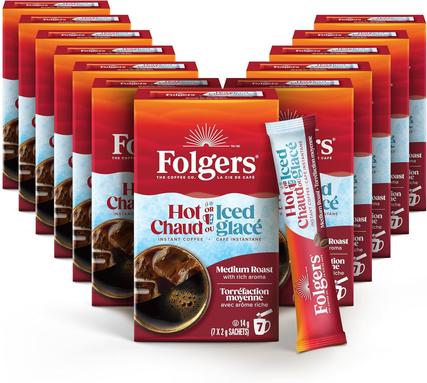 Folgers 速溶咖啡包,适用于热饮或冷饮混合饮料,速溶经典中度烘焙咖啡,7 包(12 包)