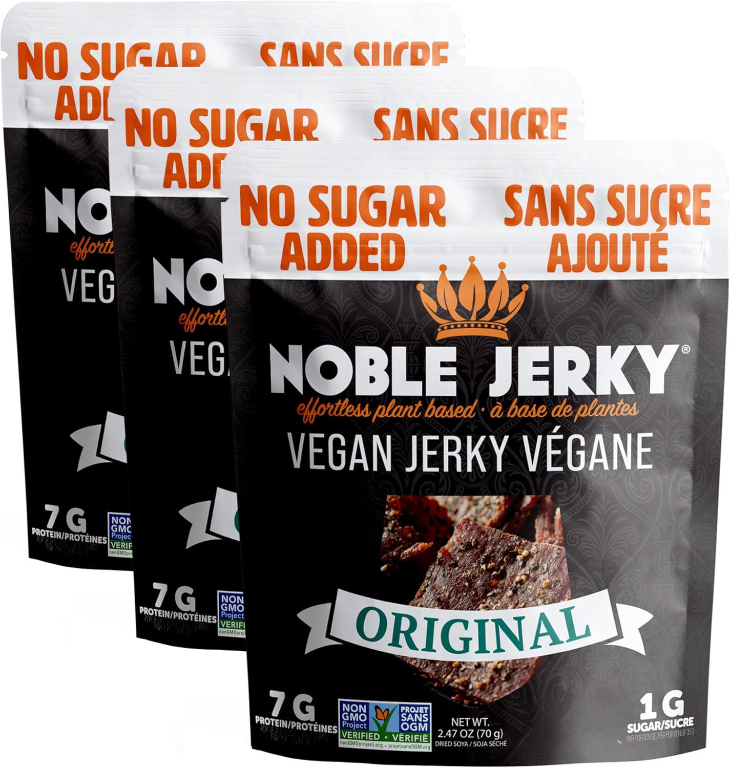 Noble Jerky – 無添加糖,純素零食,植物基,非基因,生酮友好,原味,3包(每包70克)