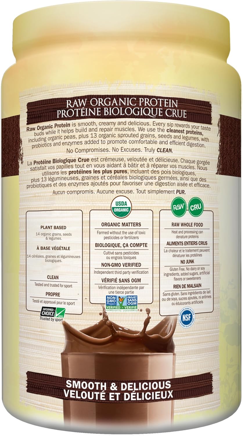 Garden of Life 生有機蛋白粉,巧克力口味,660公克。富含22克經認證的有機植物蛋白,包括在加拿大種植和加工的豌豆。有助於肌肉的建構和修復。富含14種發芽穀物、種子和豆類。