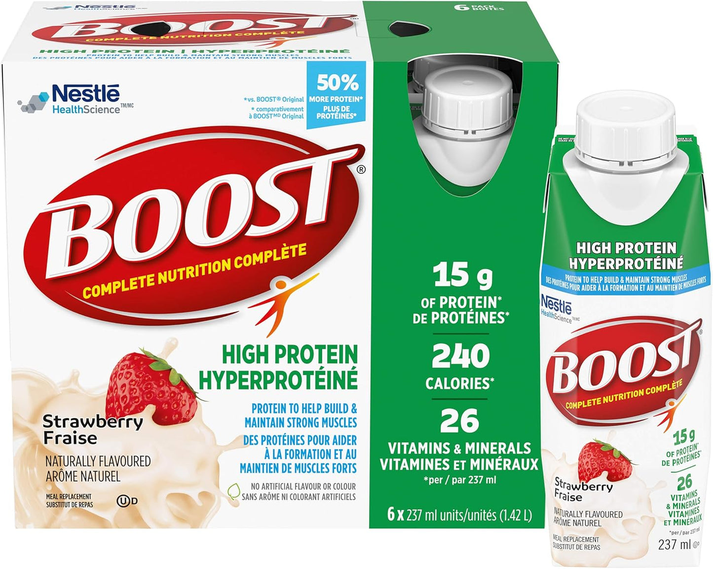 BOOST High Protein Meal Replacement Drink, Strawberry 24 x 237 ml & High Protein Meal Replacement Drink, Vanilla, 24 x 237 ml