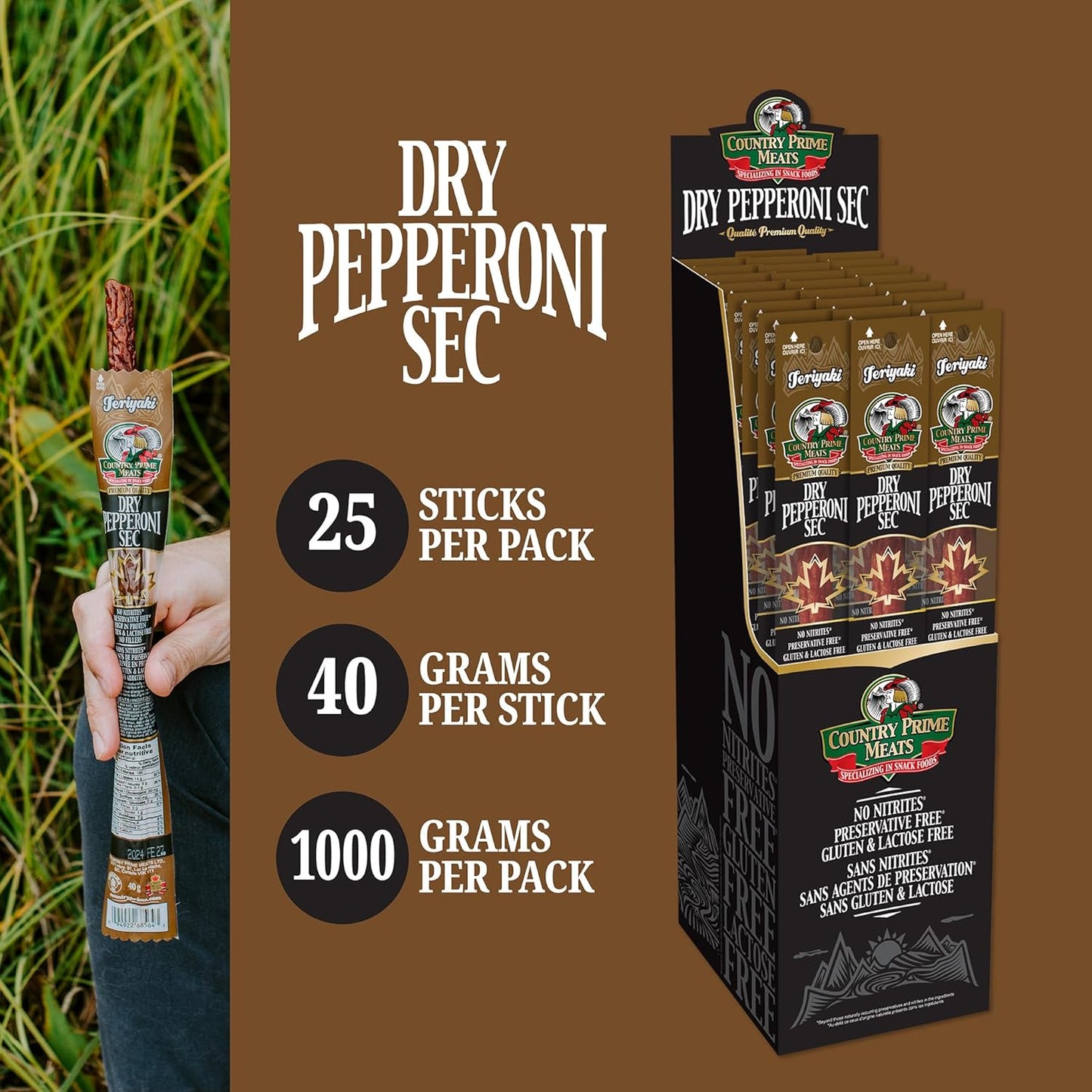 Country Prime Meats Teriyaki Dry Cured Pepperoni Sticks. 100% Canadian Made. High Protein Snack. No Nitrites, No Artificial Flavours, Naturally Smoked, Gluten Free. 40g (Pack of 25)