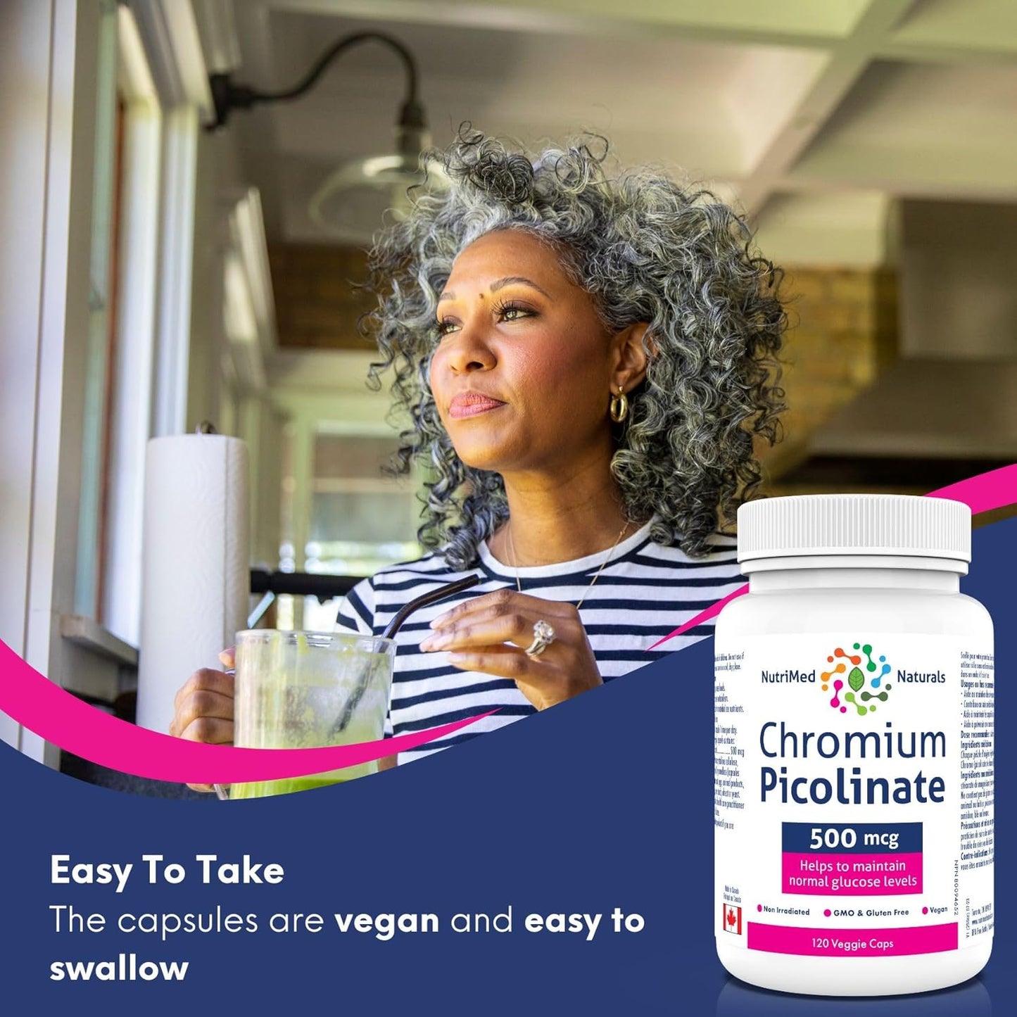 Nutrimed Naturals - Chromium Picolinate 500mcg, 120 Capsules 120-Day Supply - Glucose and Blood Sugar Support - Muscle Mass and Metabolism Support - 3rd Party Tested - Formulated & Made in Canada