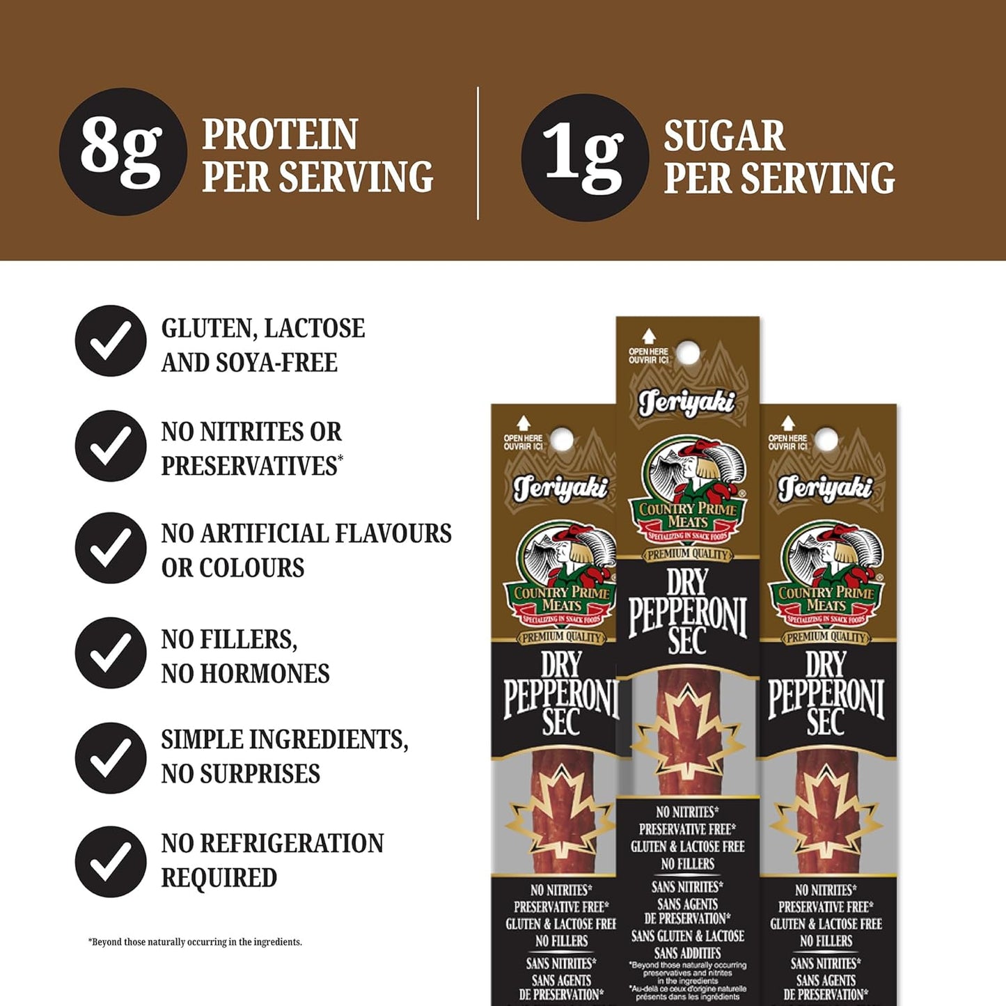 Country Prime Meats Teriyaki Dry Cured Pepperoni Sticks. 100% Canadian Made. High Protein Snack. No Nitrites, No Artificial Flavours, Naturally Smoked, Gluten Free. 40g (Pack of 25)