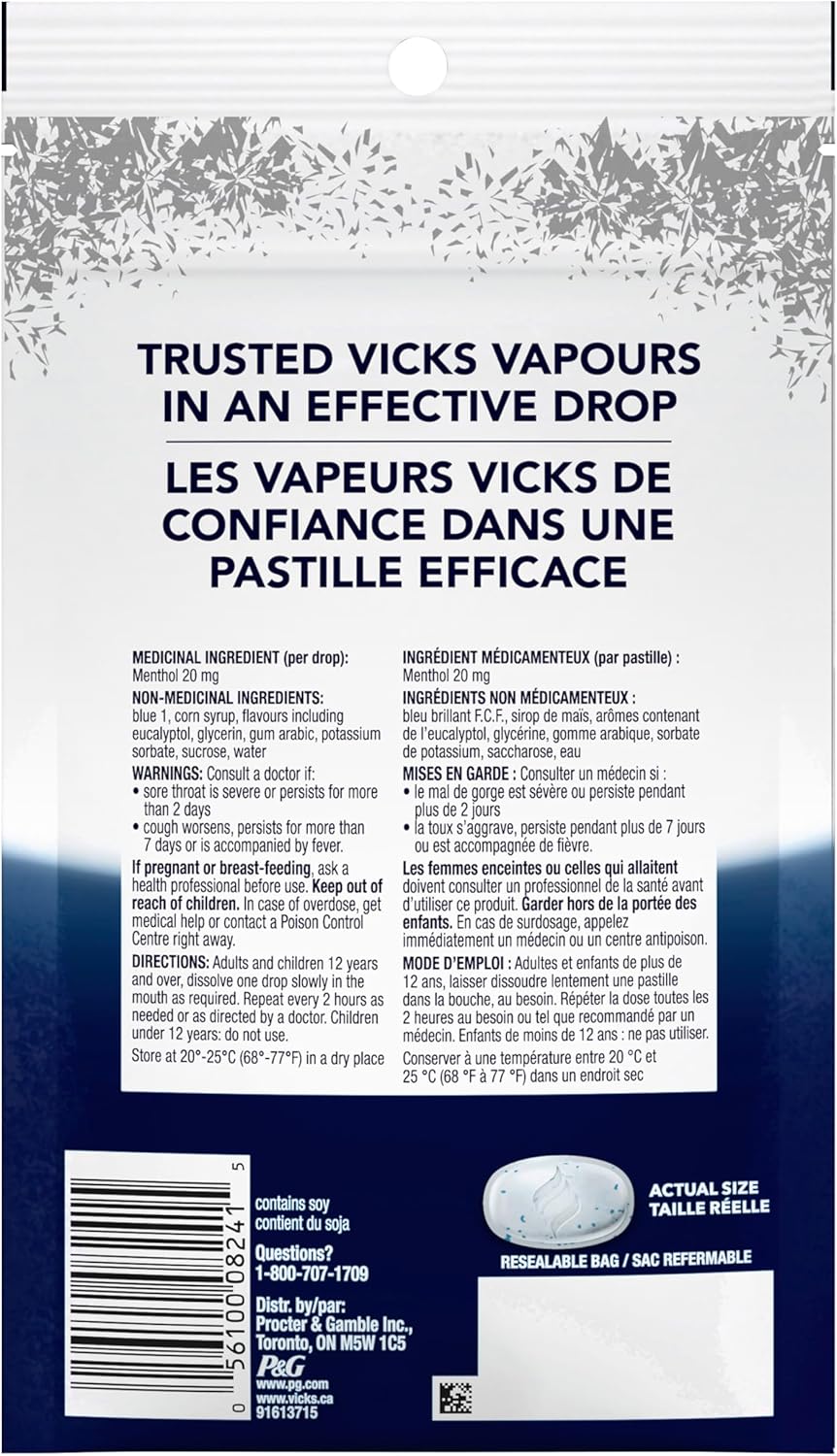 Vicks VapoCOOL Max 藥用滴劑,用於暫時緩解咳嗽和咽喉痛 & VapoCOOL Max 藥用滴劑,用於暫時緩解咳嗽和咽喉痛,蜂蜜檸檬冰鎮口味,40 粒裝