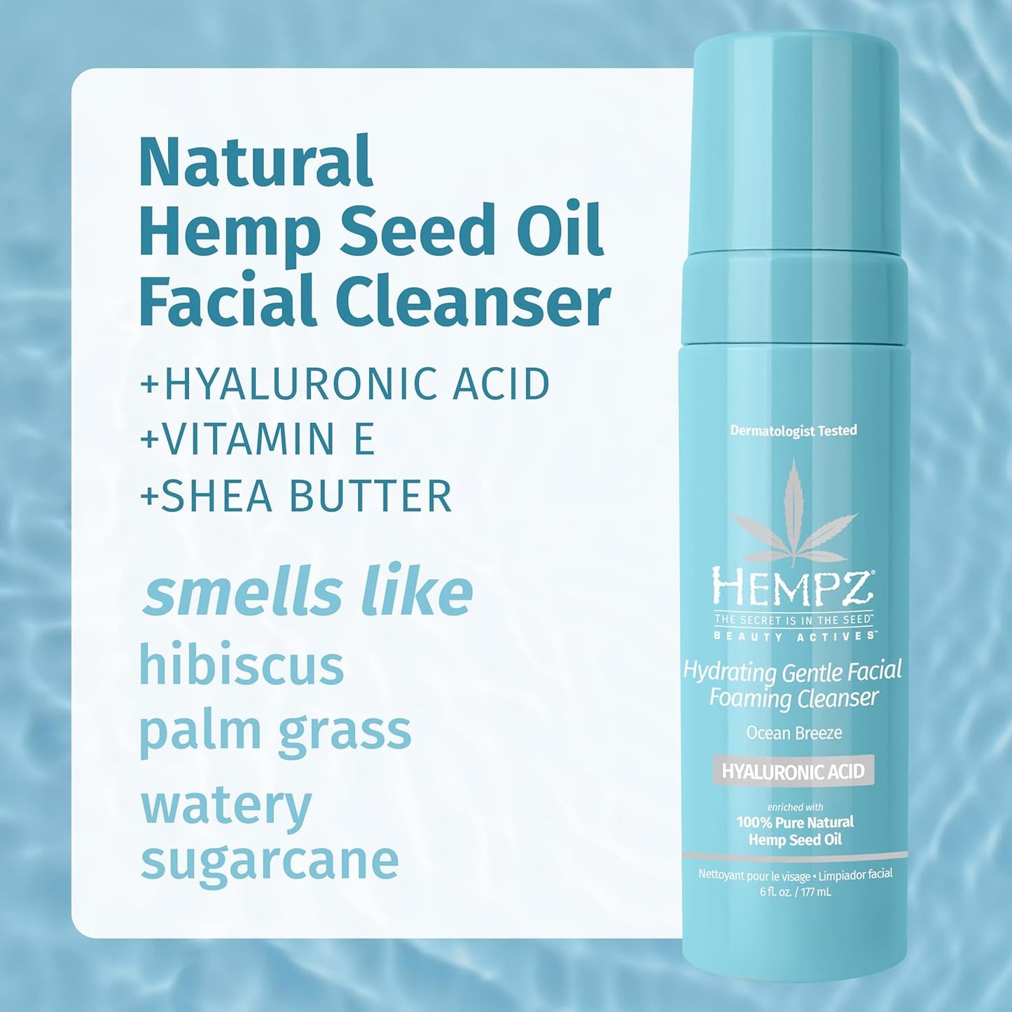 Hempz Ocean Breeze Hydrating Gentle Facial Foaming Cleanser with Hyaluronic Acid - Refreshingly Scented Moisturizing Foam Face Wash for Extremely Dry, Oily, or Sensitive Skin, for Women or Men, 6 Oz