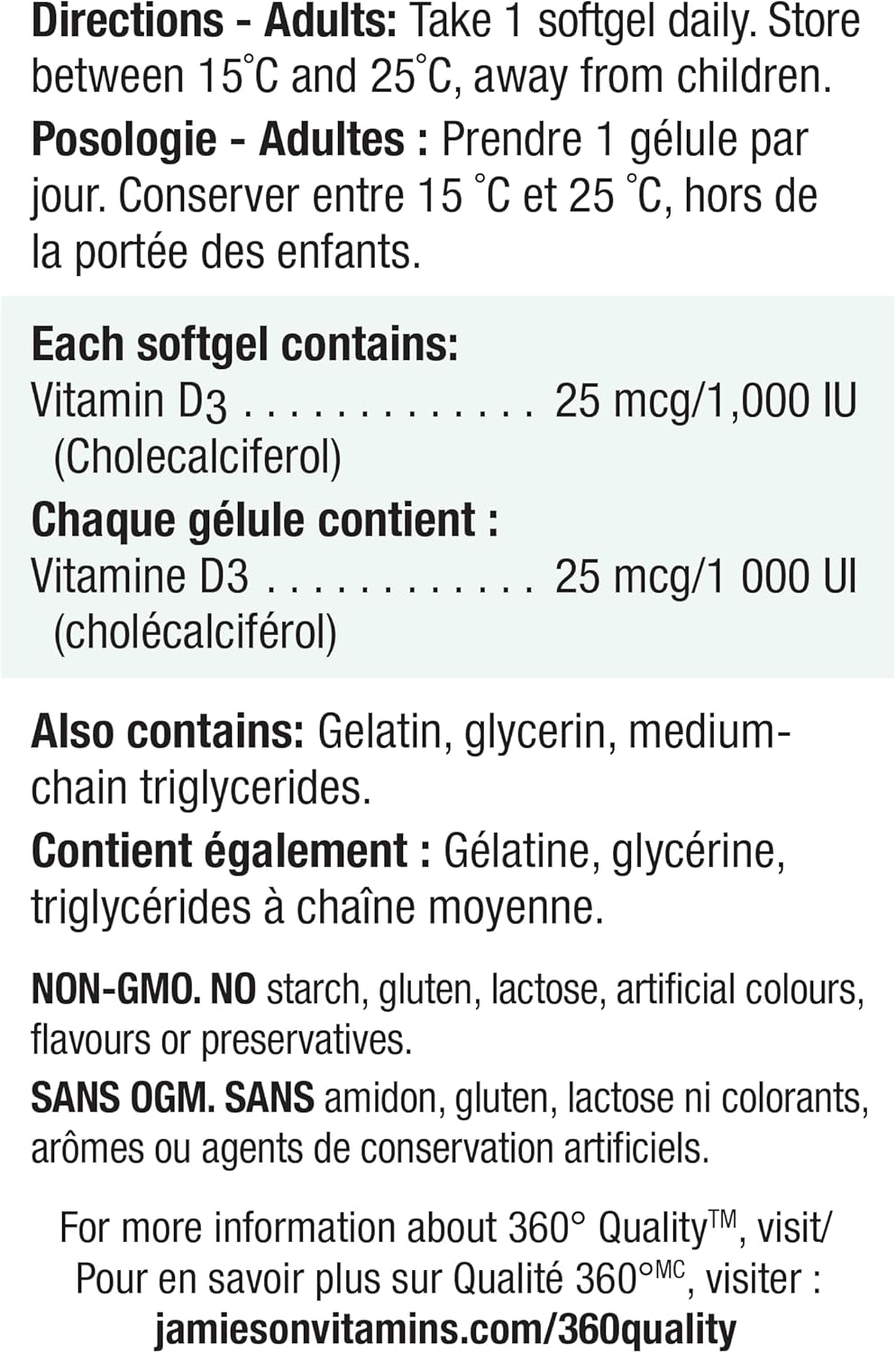 Jamieson 维生素 D3 1,000 IU 软胶囊,易于吞咽,支持免疫健康,强健骨骼和牙齿,增强钙和磷的吸收。非转基因,无麸质,每日一粒,500 粒,加拿大制造