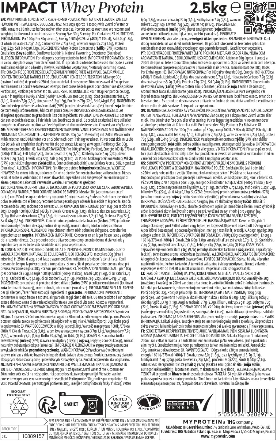 Myprotein Impact 乳清蛋白 天然香草風味 2.5kg