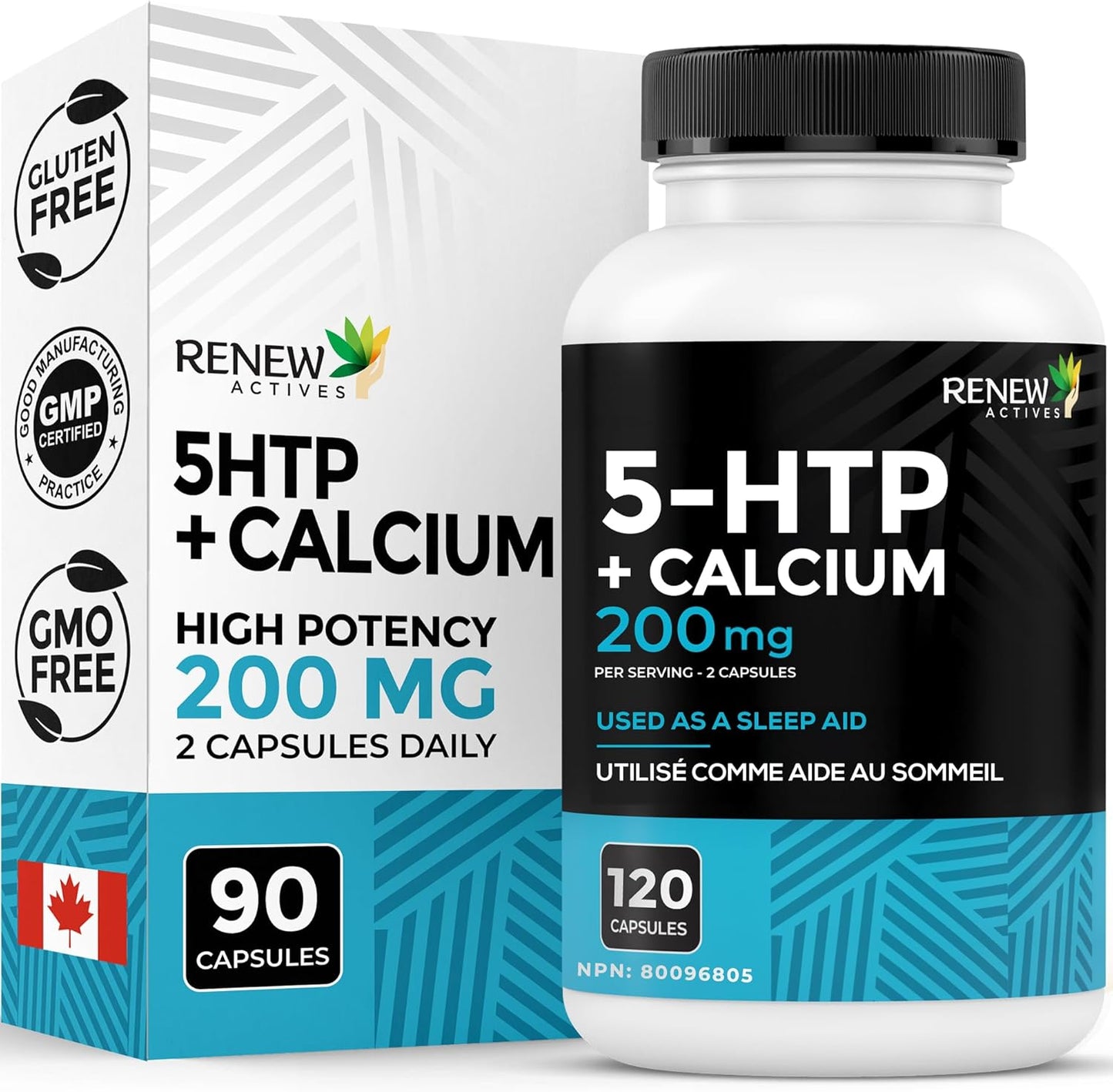 RENEW ACTIVES 5-HTP 200MG 和 328MG 鈣補充劑,每 2 粒膠囊 - 天然助眠劑,促進情緒平衡和放鬆 - 有助於維持骨骼和肌肉健康 - 加拿大製造 - 120 粒膠囊