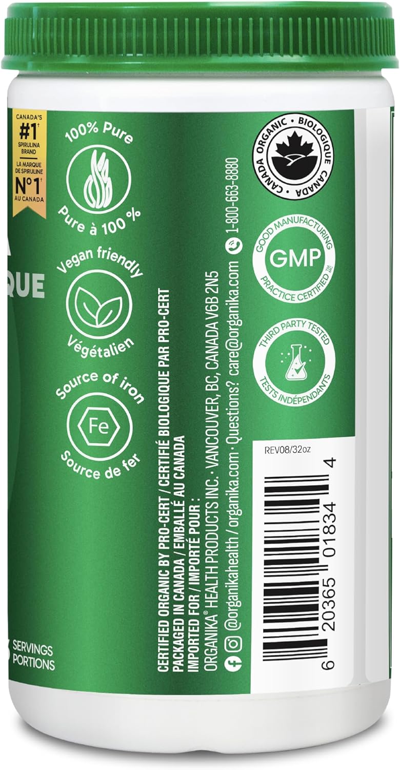 Organika Canadian-Made Certified Organic Spirulina Powder- Superfood, 3rd Party Tested, Pristine Sourcing, Vegan- 500g