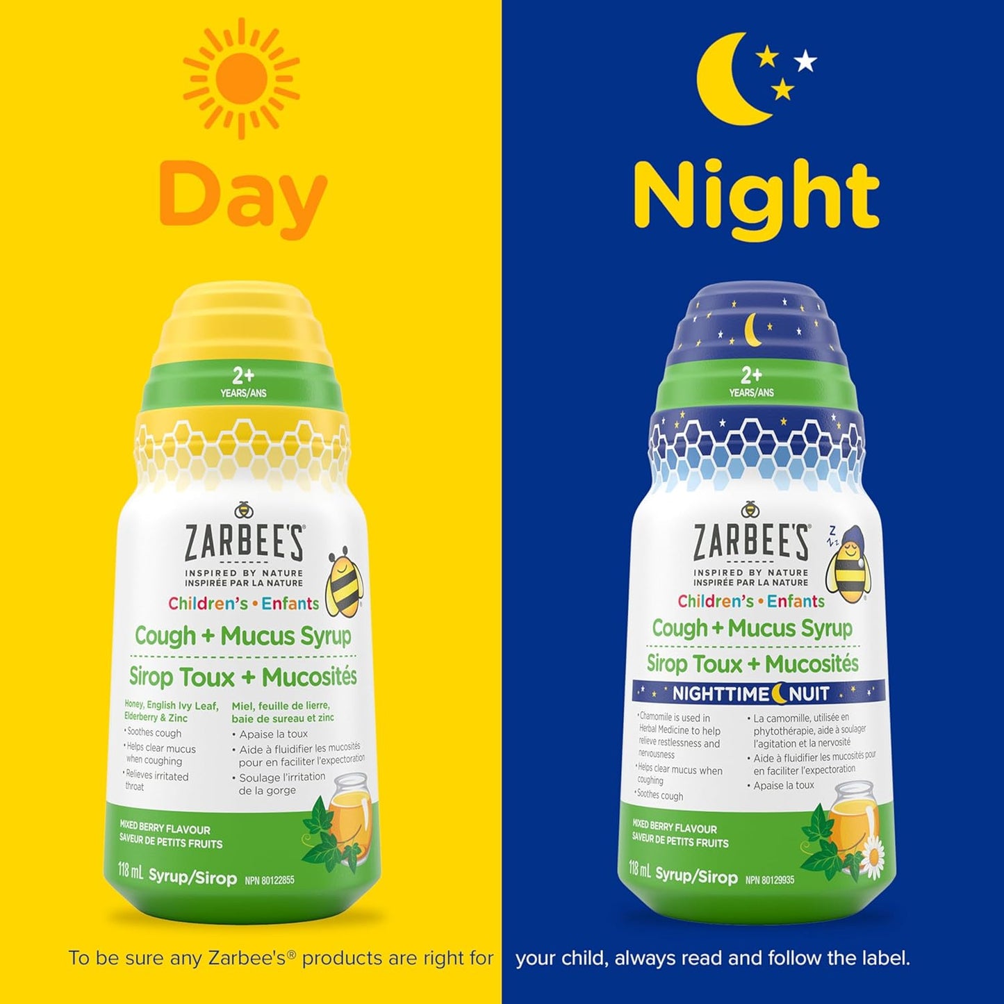 Zarbee’s® 兒童夜間止咳化痰糖漿(適用於 2 歲以上兒童),蜂蜜、洋甘菊和常春藤葉,不含色素和酒精,混合漿果味,118 毫升