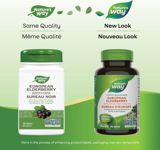 Nature's Way European Elderberry Capsules - Cold and Flu Symptom Relief – Cough, Sore Throat Support Supplement – Elderberry Berries & Flower - Non-GMO Verified - Vegetarian - For Adults & Kids - 100 Capsules
