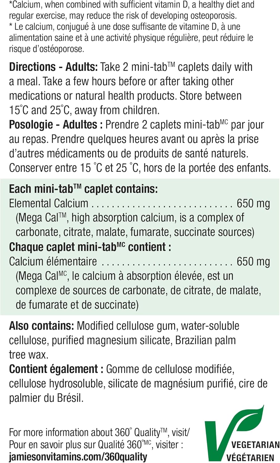 Jamieson Mega Cal Calcium 650 mg Caplets, Combines 5 Forms of Calcium, Helps Prevent Bone Loss and Osteoporosis, Supports Bone and Teeth Health. Vegetarian, Gluten-Free, 120 Caplets, Proudly Canadian