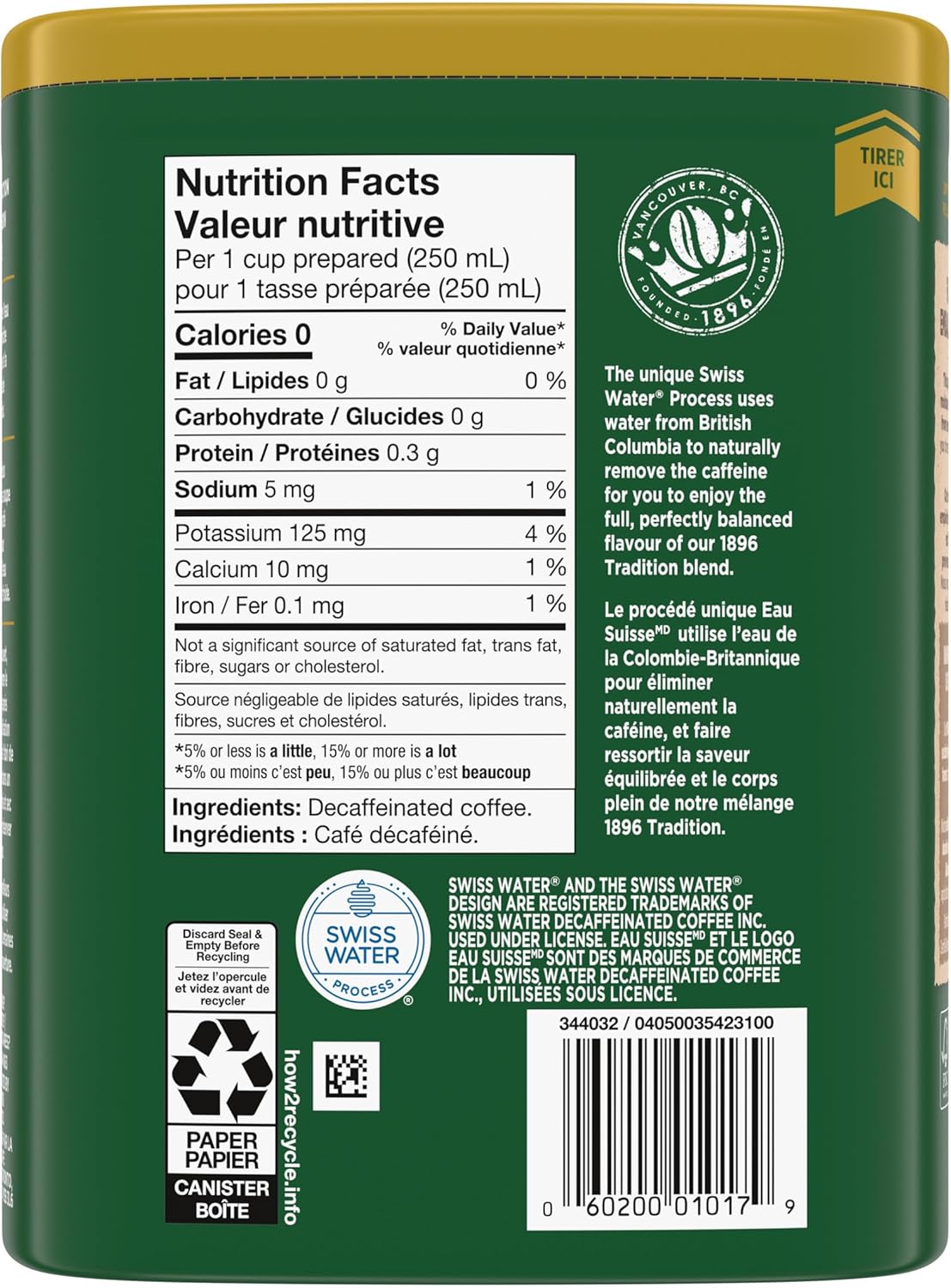 Nabob 中度烘焙瑞士脱咖啡因 1896 传统研磨咖啡,340 克罐装