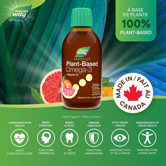 Nature's Way NutraVege+D Plant-based Omega-3, Vegan Vitamin D Supplement, Vegetarian, EPA + DHA from Algal Oil, Grapefruit Tangerine, 200 mL Liquid
