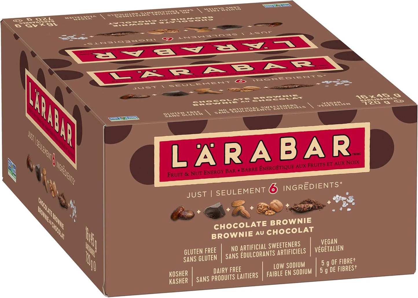 LÄRABAR 巧克力布朗尼,水果坚果能量棒,16条装,无麸质,纯素,家庭装,零食棒,720克/包