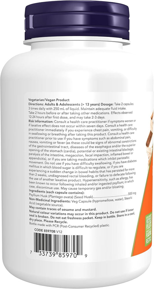 NOW Supplements, Psyllium Husk Caps 500 mg, Natural Soluble Fibre, Intestinal Health*, 200 Veg Capsules