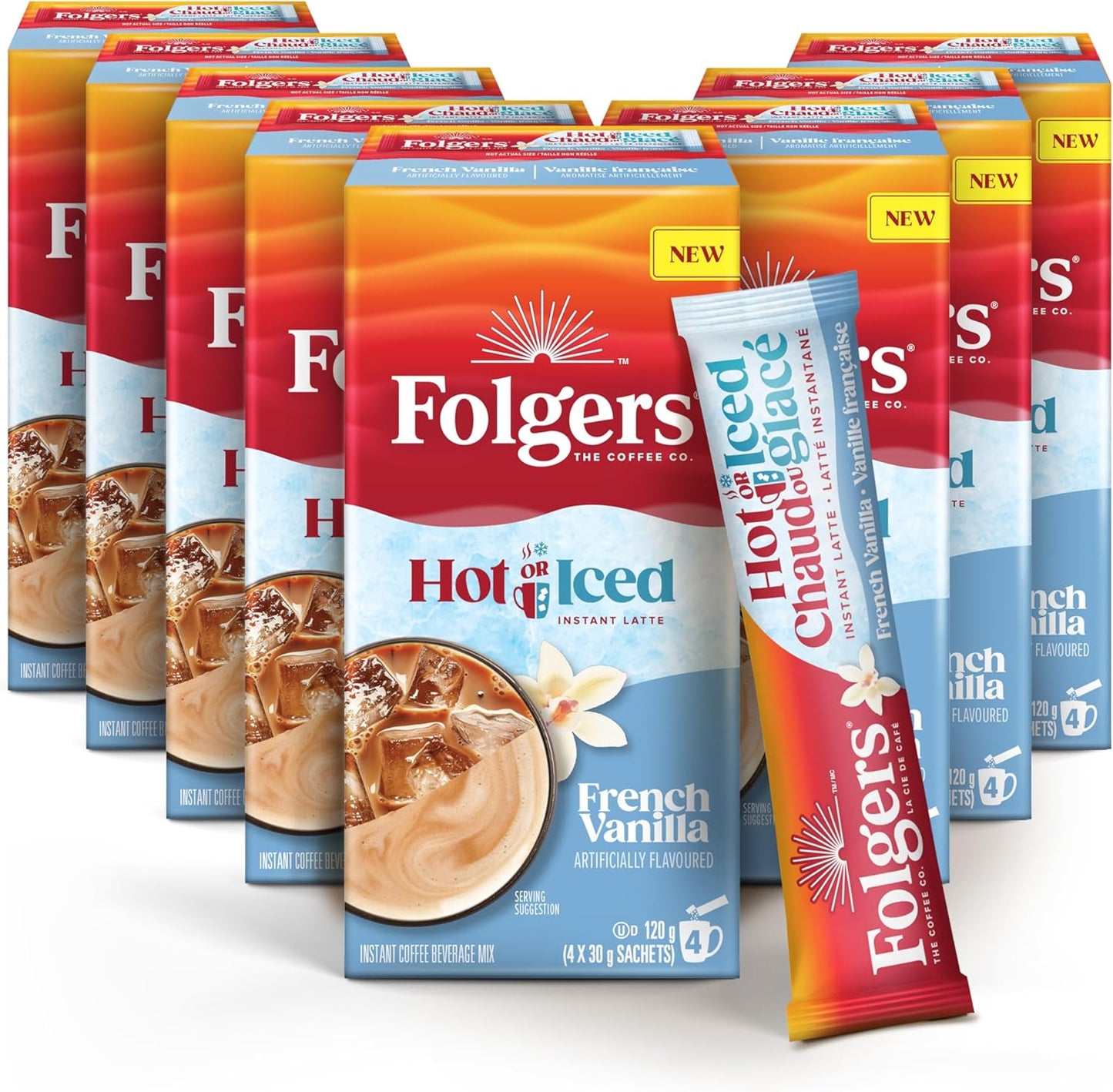Folgers 速溶咖啡包,适用于热饮或冷饮混合小袋,速溶法式香草拿铁,4 个(8 包)