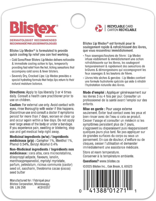 Blistex Lip Medex 藥用潤唇膏可緩解嘴唇疼痛、清涼舒緩,7 克 3 支裝。