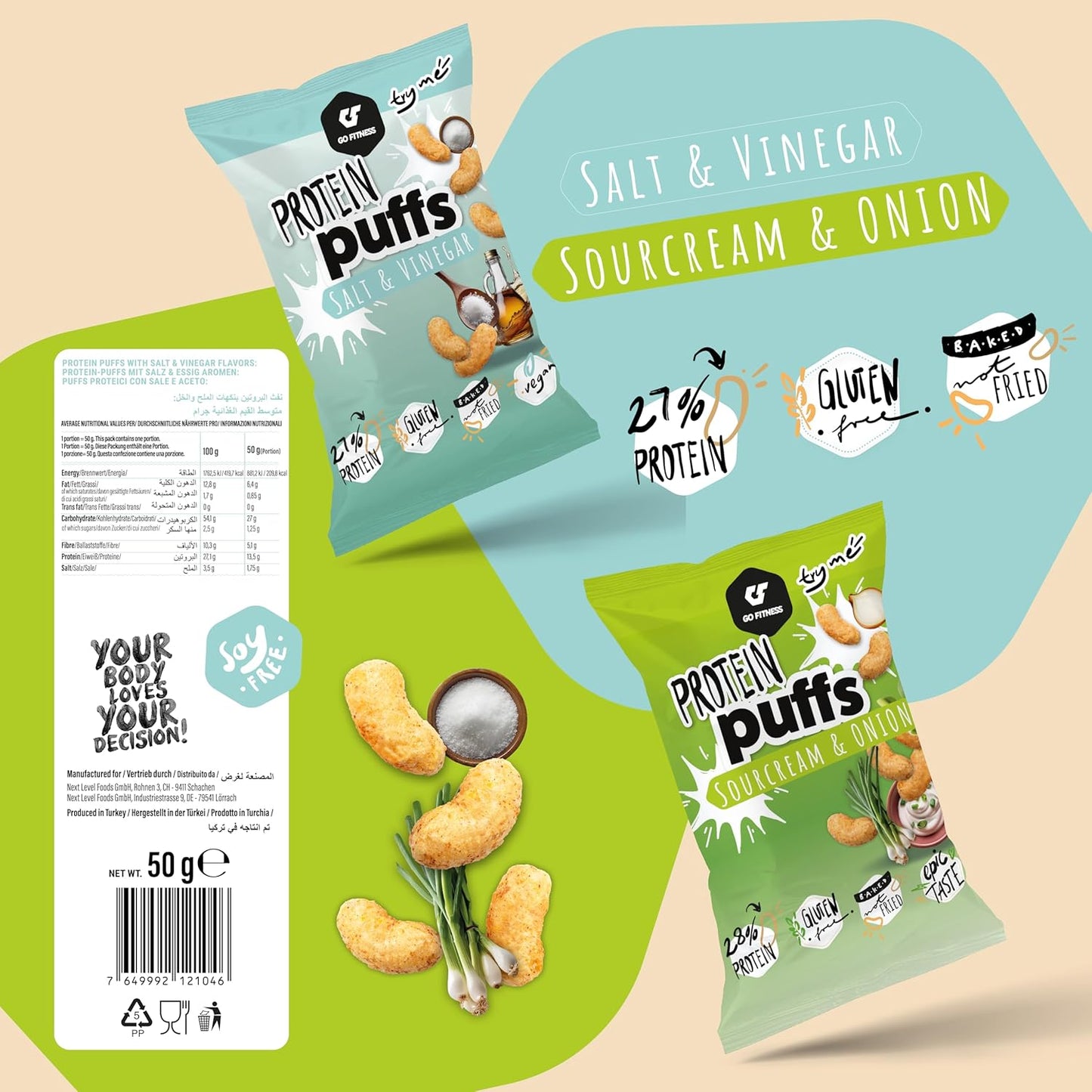 Go Fitness 高蛋白零食 - 泡芙,6 x 50 克,16 克蛋白质 - 扁豆片 - 蛋白质棒替代品和咸味零食(300 克(1 包),酸奶油和洋葱)