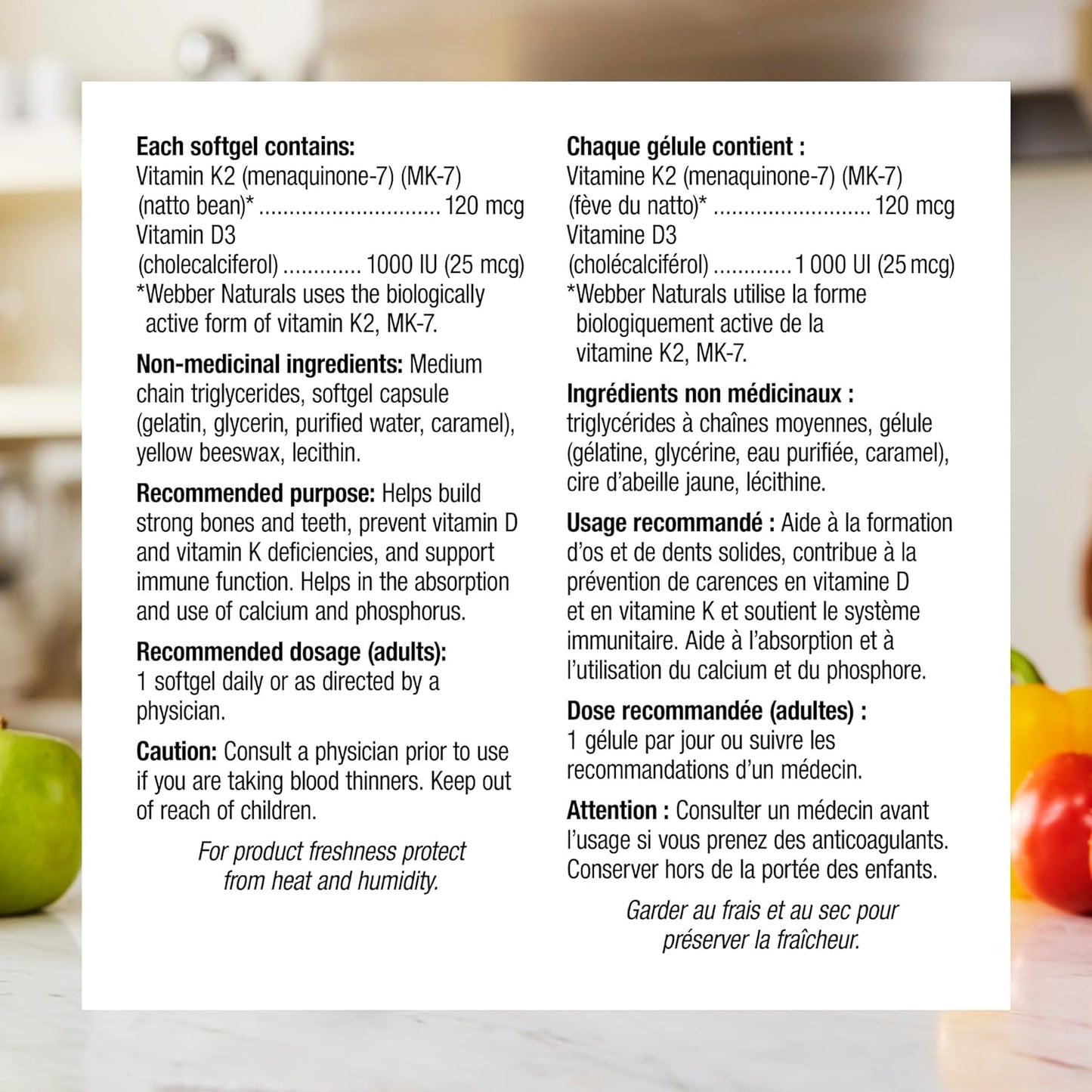Webber Naturals 维生素 K2 加 D3,60 粒软胶囊,有助于支持骨骼、牙齿和免疫功能,不含麸质和乳制品