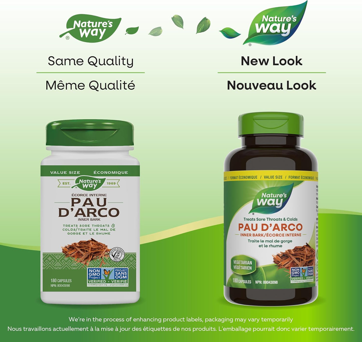 Nature's Way 保哥樹皮內皮膠囊 - 緩解喉嚨痛和感冒 - 成人草本補充劑 - 非基因改造認證 - 180 粒素食膠囊,超值裝