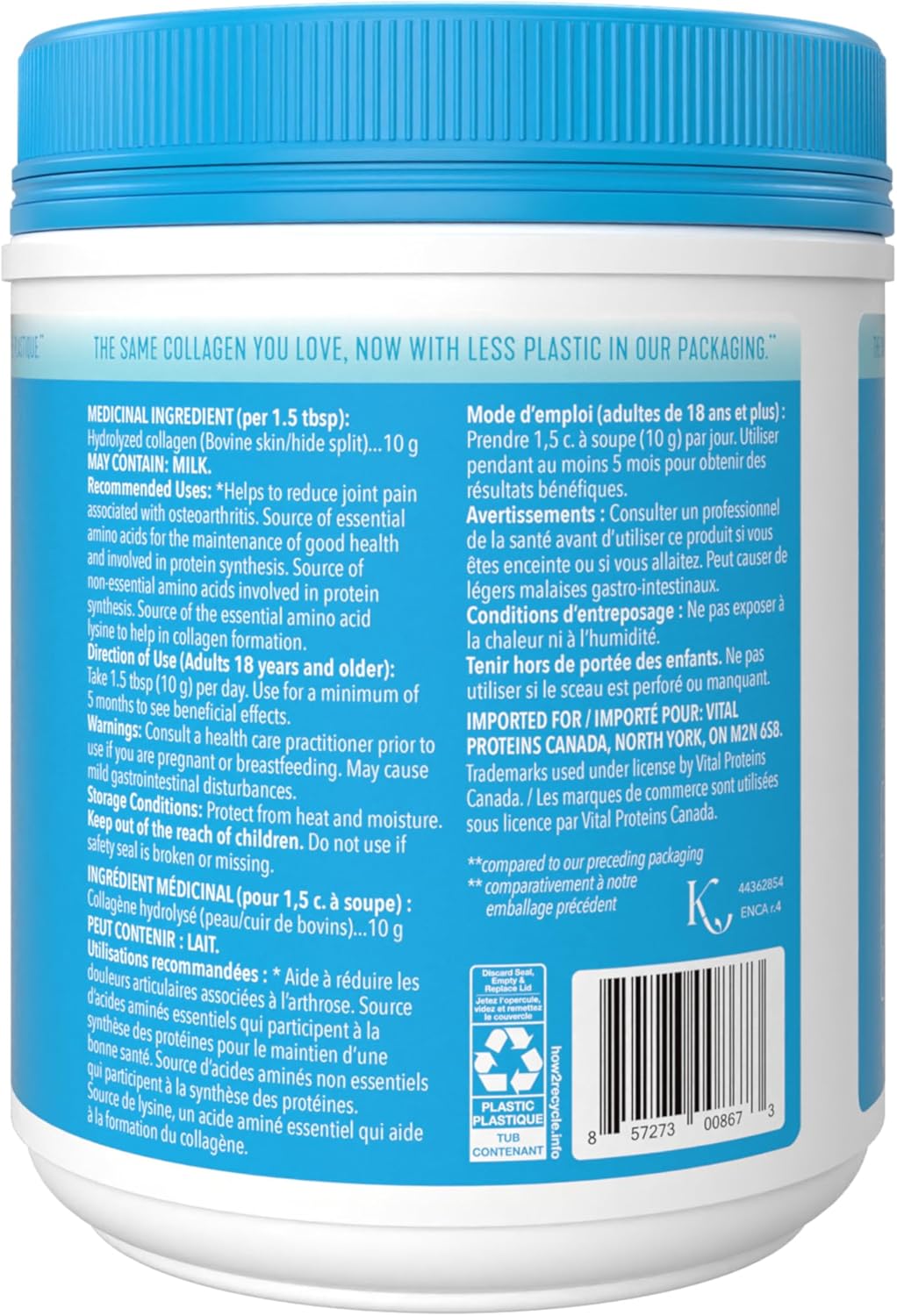 VITAL PROTEINS 牛胶原蛋白肽粉,有助于形成胶原蛋白并减轻与骨关节炎相关的关节疼痛,氨基酸来源,不添加糖,不含人工色素或香料,567 克