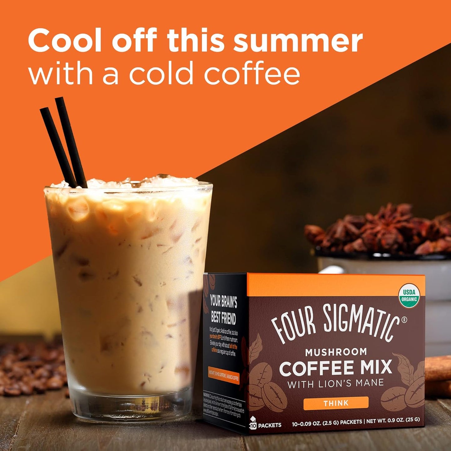 Four Sigma Foods Four Sigmatic Mushroom Coffee Mix Think With Lion's Mane & Chaga 10 Servings X 2.5g, Lion's Mane & Chaga, 10 Count & Mushroom Coffee Mix Get Going With cordyceps & Chaga, 10 Count