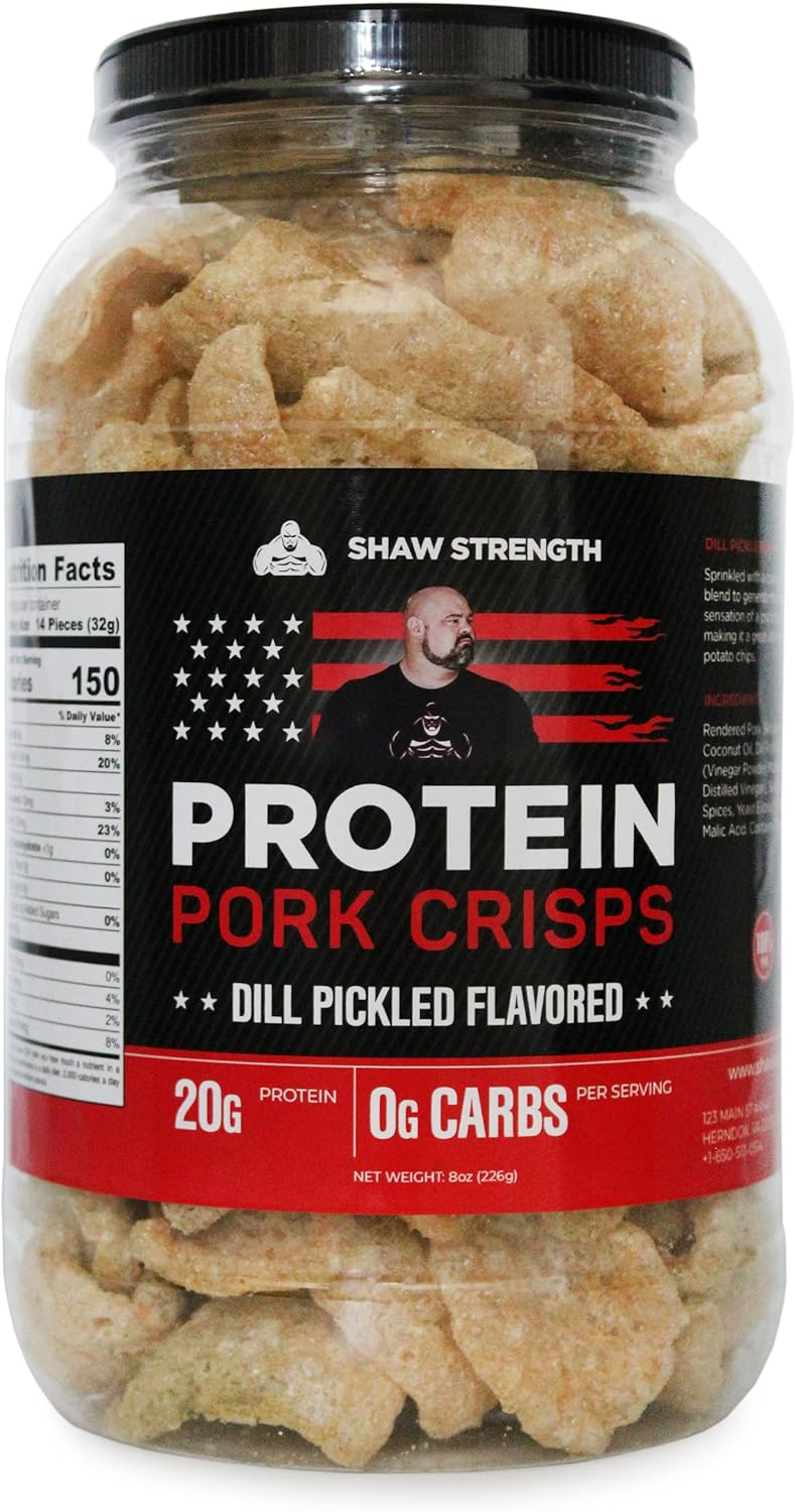 Shaw Strength Protein 猪皮(莳萝泡菜味,8盎司);专为世界最强壮男人 Brian Shaw 研发,生酮友好,高蛋白,无碳水化合物,全天然,椰子油炸