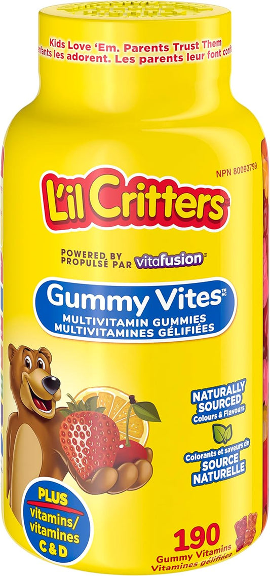 L'il Critters GummyVites 儿童复合维生素软糖,11 种必需营养素和儿童维生素 D3 软糖,800 IU 维生素 D3 每日剂量,支持骨骼健康*,天然来源的口味