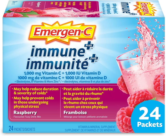 Emergen-C Immune+ 1000毫克维生素C粉剂补充剂,饮料混合物,免疫系统增强剂,覆盆子味,24包
