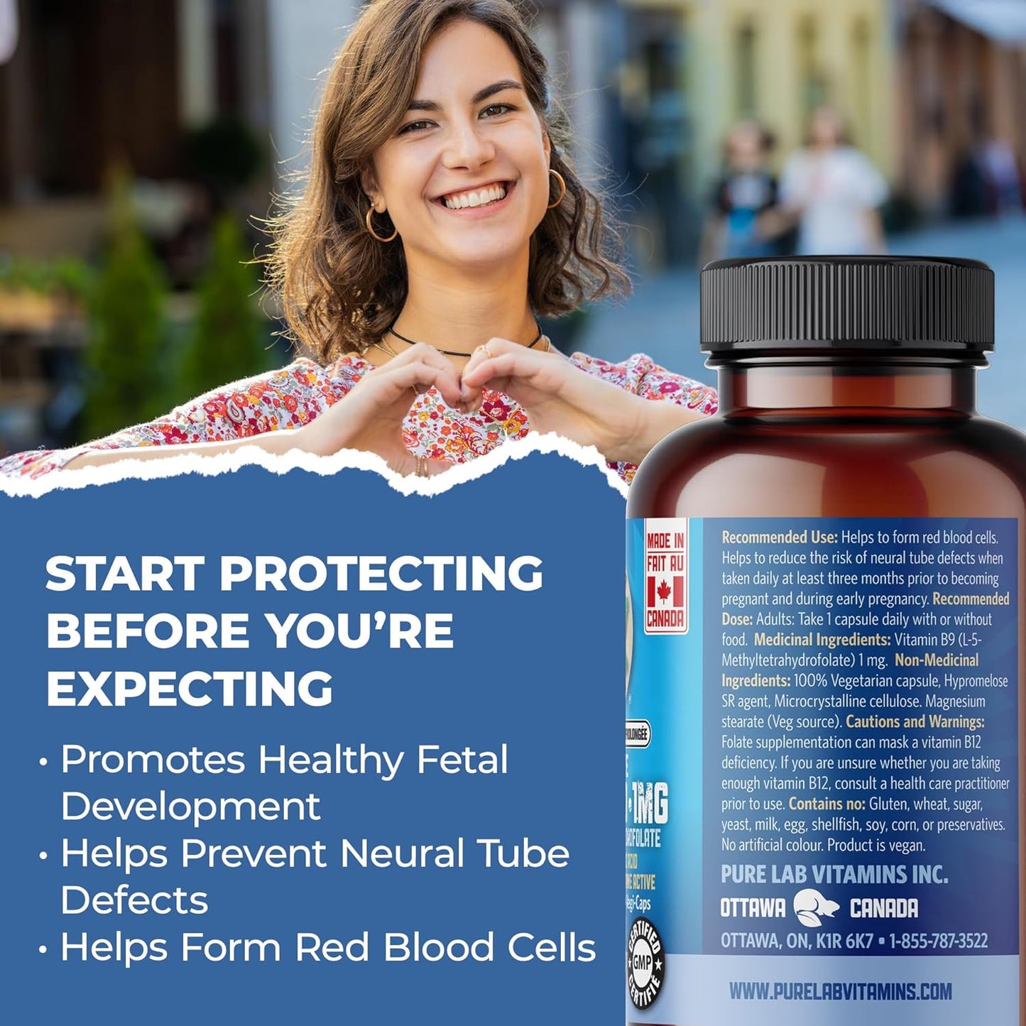 Pure Lab 维生素 | 缓释生物活性叶酸 1 毫克 | 60 粒胶囊 | 女性维生素 B9 叶酸补充剂 | 孕期叶酸 | L-5-MTHF 补充剂 | 免疫系统支持和心血管