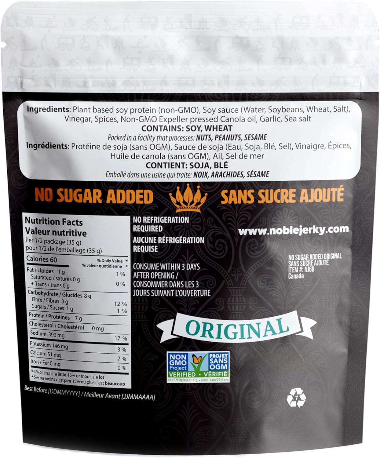 Noble Jerky – 無添加糖,純素零食,植物基,非基因,生酮友好,原味,3包(每包70克)