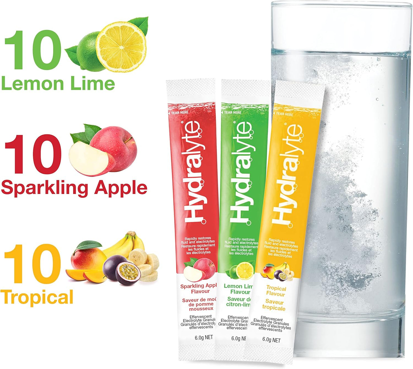 HydraLyte Electrolyte Powder, Low Sugar Electrolyte Packets Designed for Rapid Hydration, Safe Hydration for All Ages - Made with All Natural Ingredients, 30 Servings, Tropical Variety